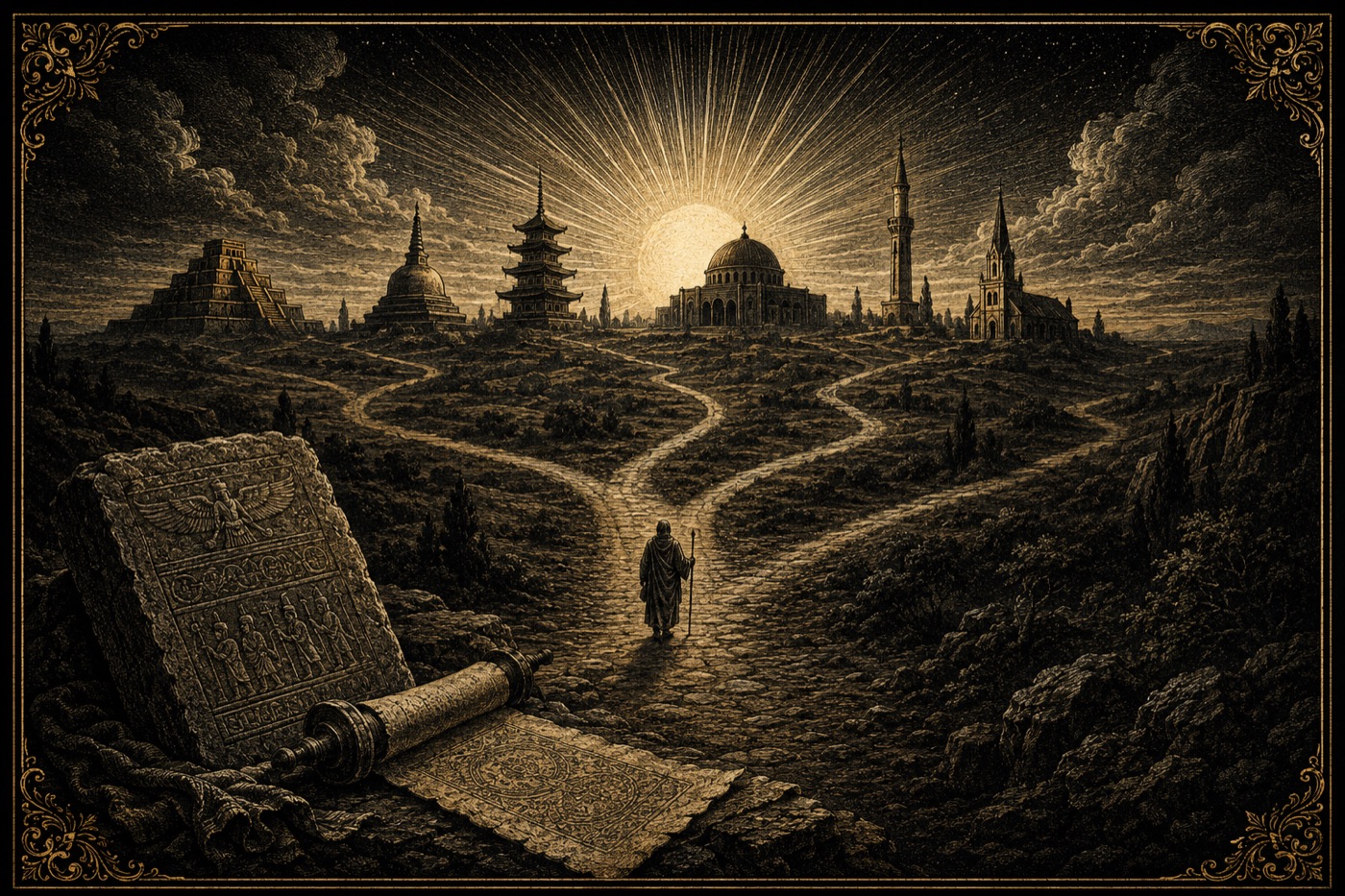 Frontispiece — the one road forking through a landscape of scripture