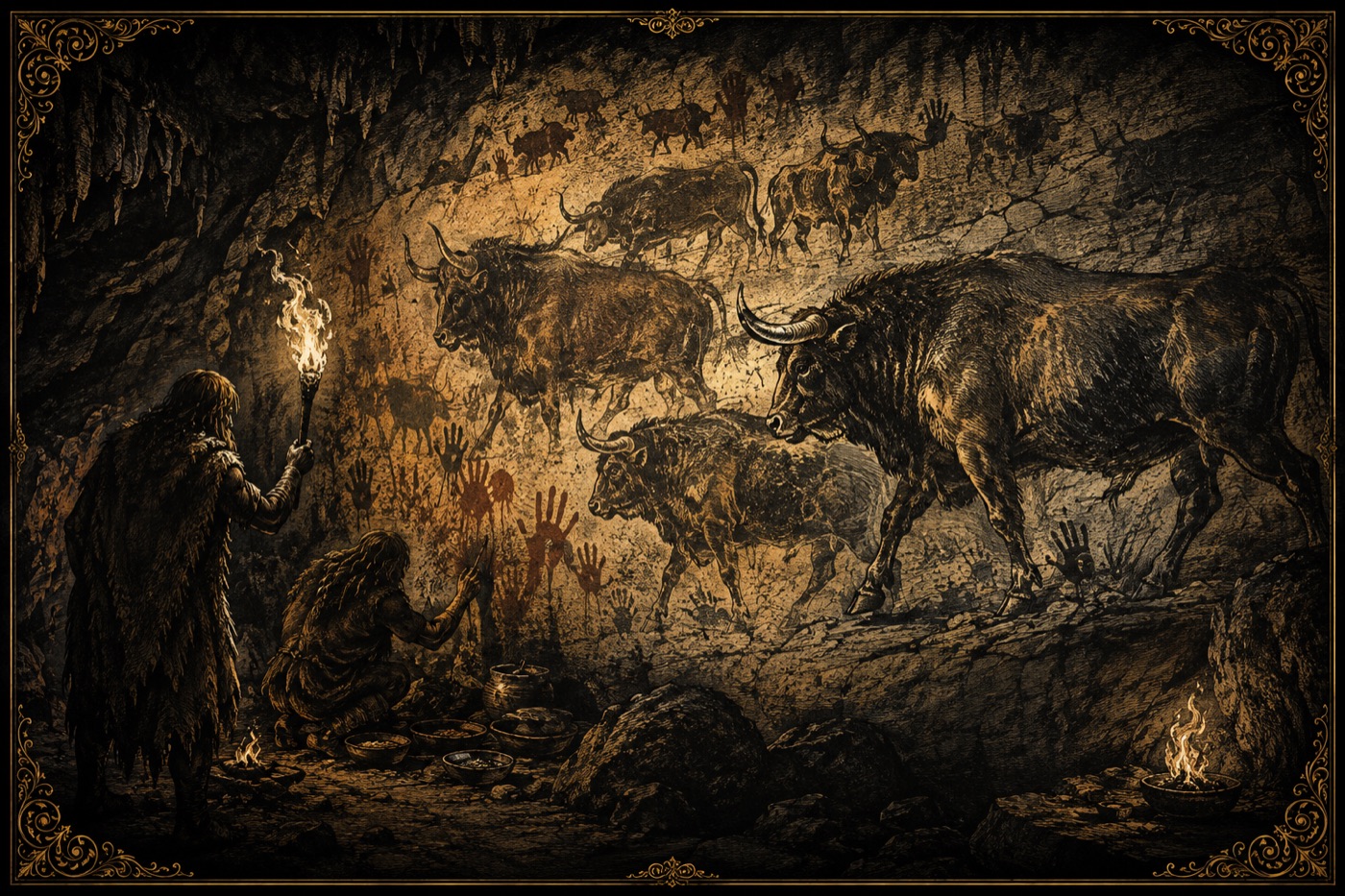 The Hall of the Bulls — aurochs procession by torchlight on a cave wall; image-making before writing, the first sanctuary.