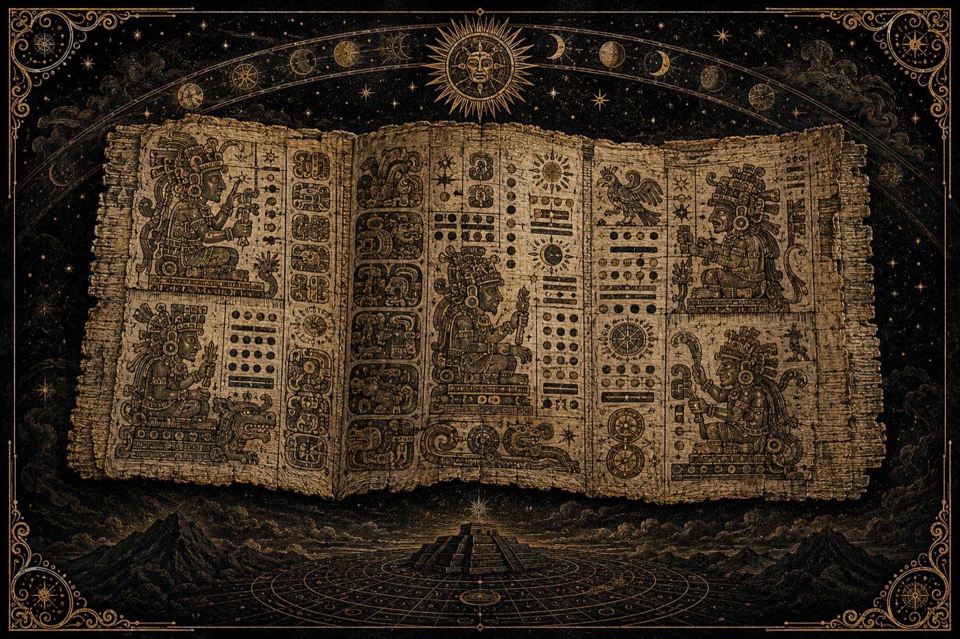 Maya cosmography on bark paper — seated gods in profile, glyph columns, bar-and-dot numerals of the Venus tables.