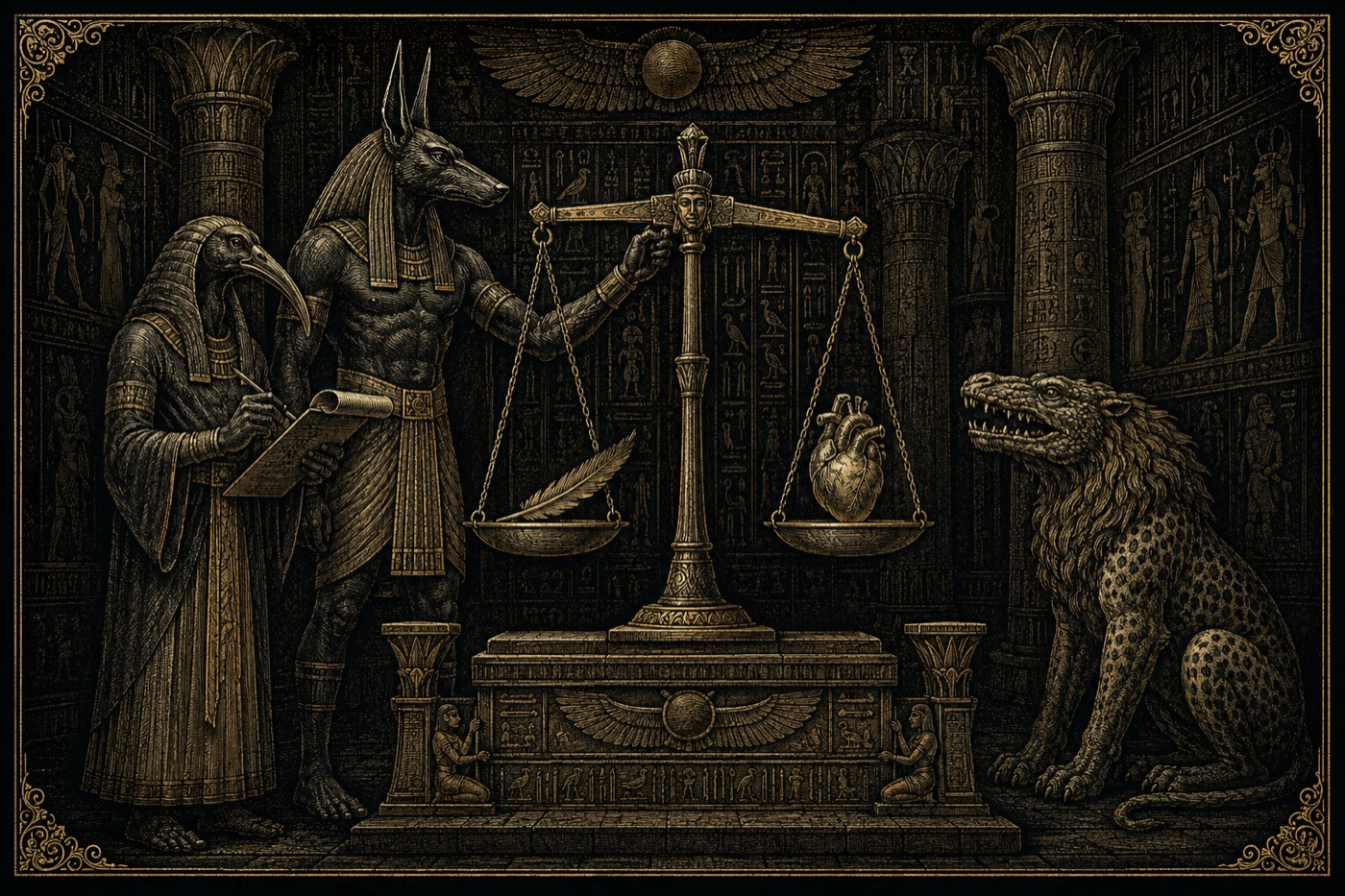 The Weighing of the Heart — Anubis at the balance, heart against the feather of Maat, Thoth recording, Ammit waiting.