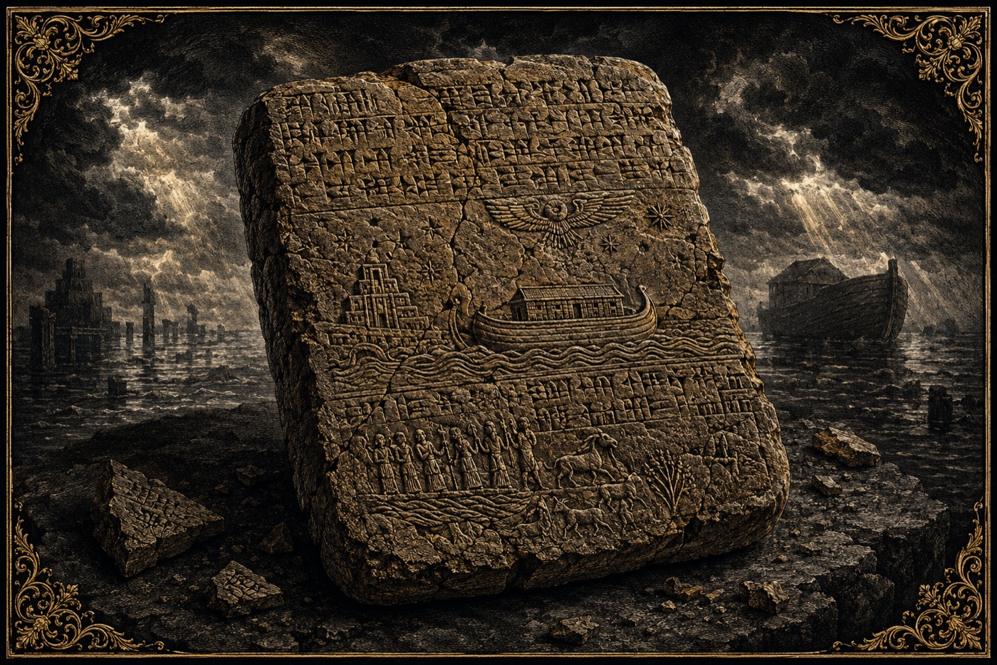 The Flood Tablet — a cracked clay tablet dense with cuneiform wedges, the oldest flood returned to the world.