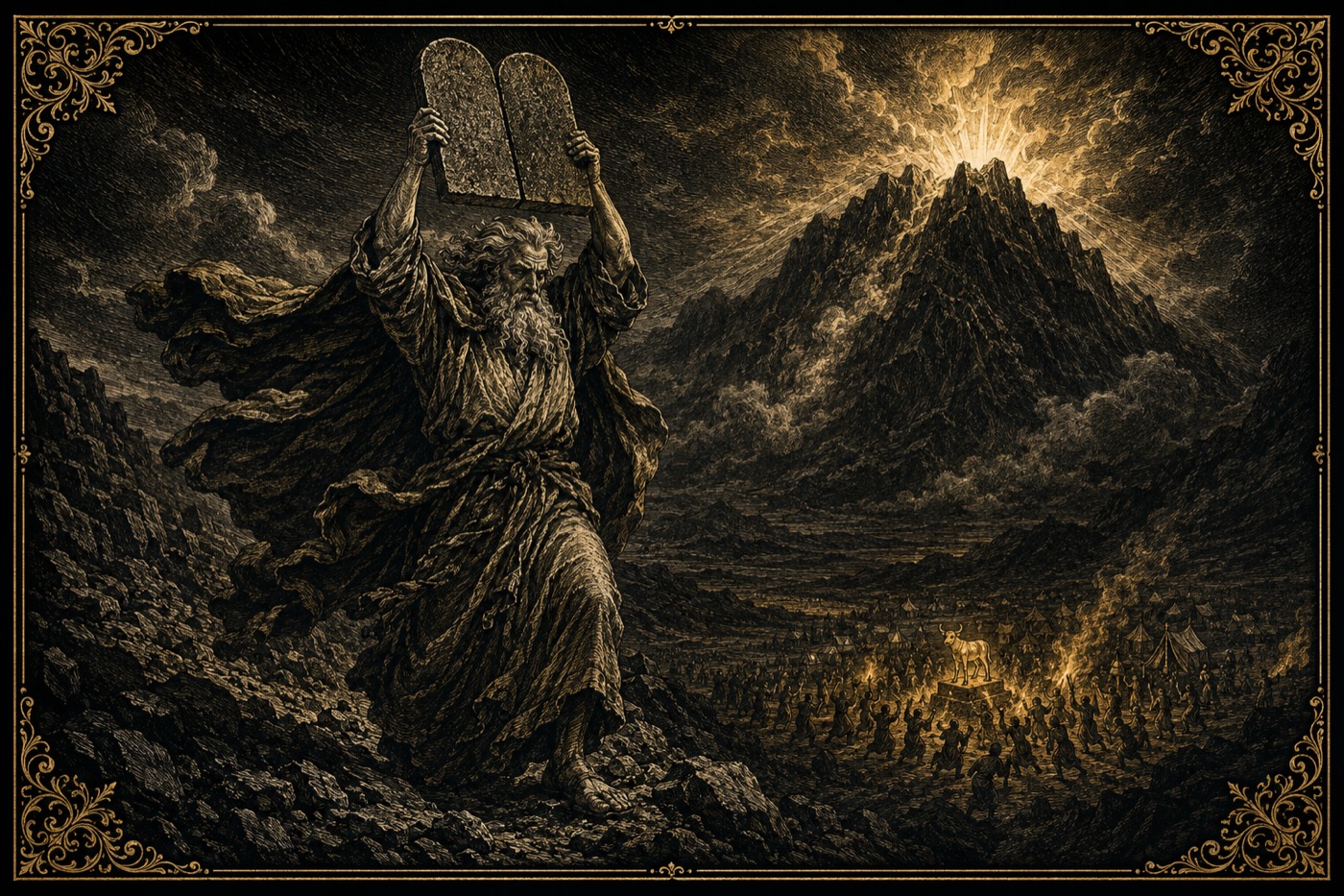 Moses descending Sinai with the tables raised, the golden calf and dancing crowd on the plain below.