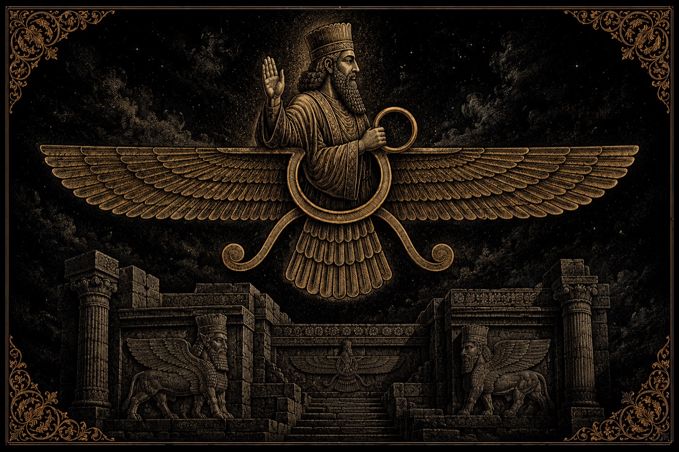 The Faravahar — a bearded figure rising from a winged disc above carved stone, one hand raised, the other holding a ring.