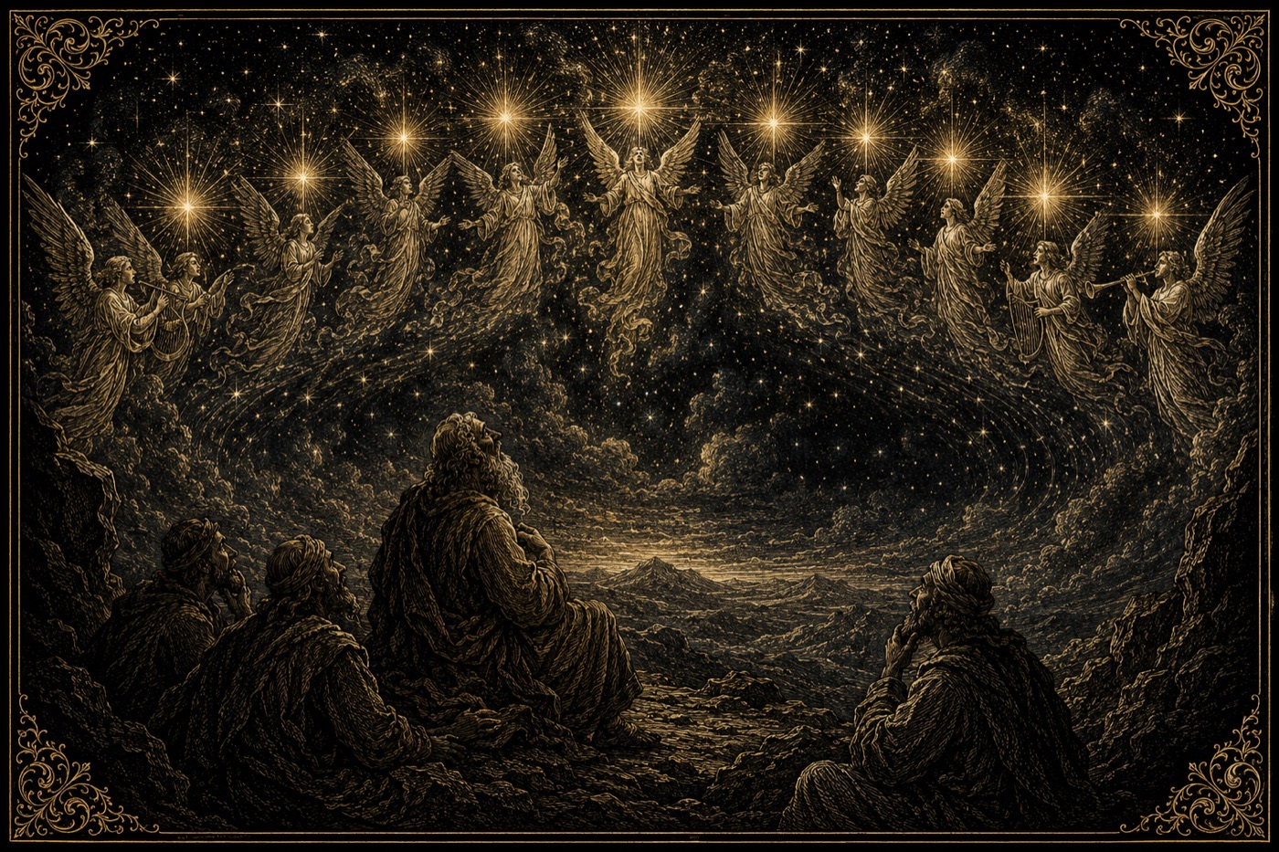 When the morning stars sang together — angels in a row of stars above; Job and companions looking upward from a cave of cloud.
