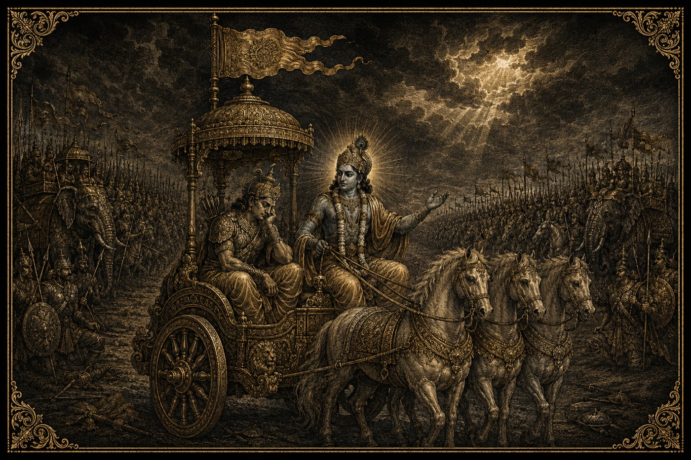 Krishna and Arjuna in the chariot halted between two armies at Kurukshetra, the Song about to begin.