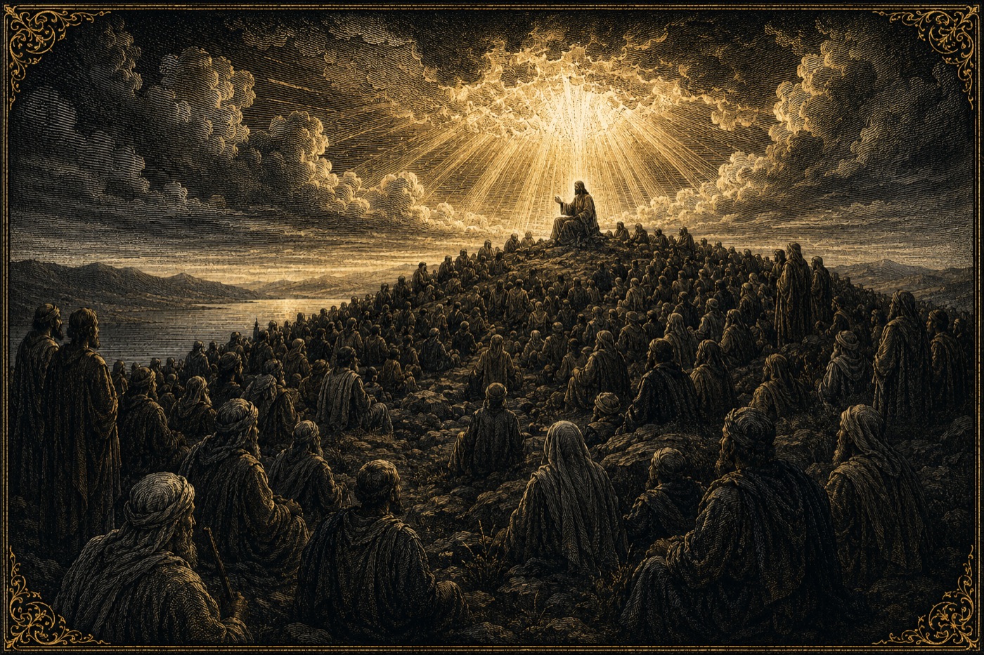 The Sermon on the Mount — a great crowd on a darkened hillside, the teacher small against a radiant sky.