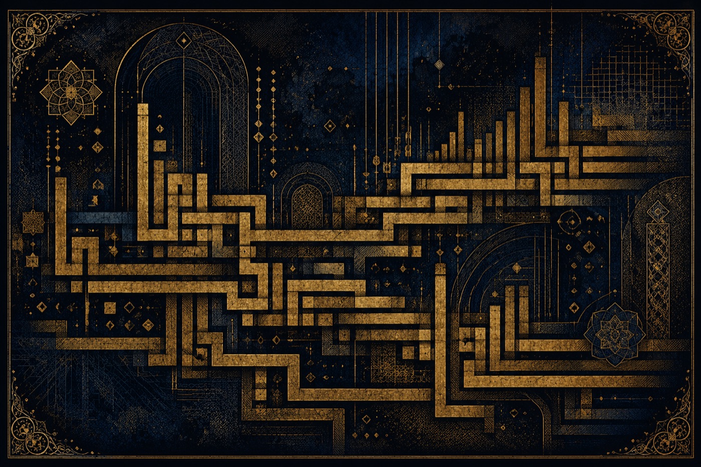 Gold Kufic lines on deep indigo — the Recitation as pure visual music (abstract calligraphy pattern, no readable modern text).