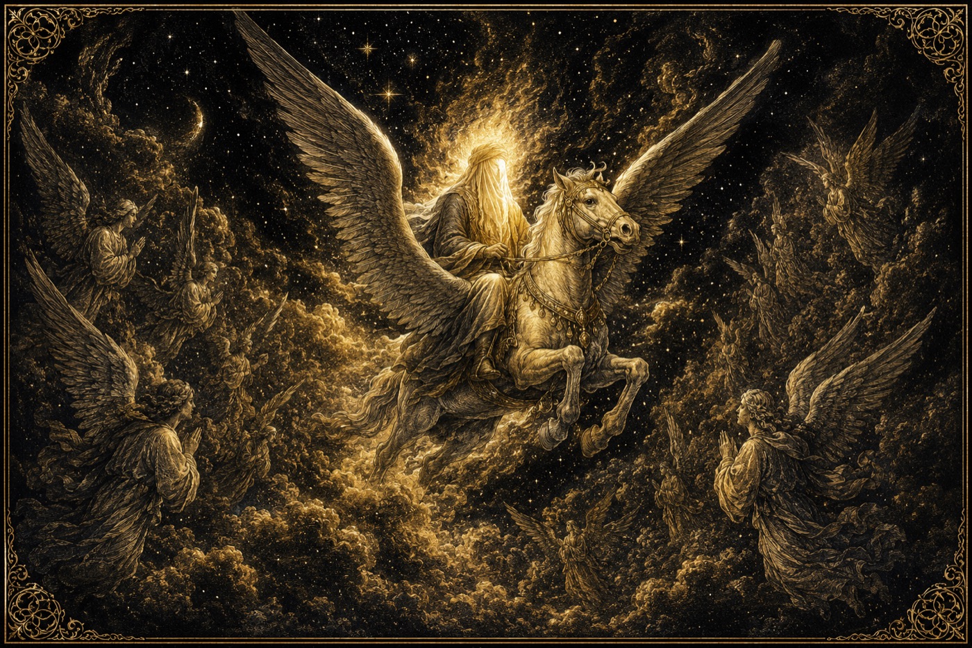 The Miʿraj — the Prophet face veiled and wrapped in flame, riding Buraq through gold cloud and an angel-thronged night sky.