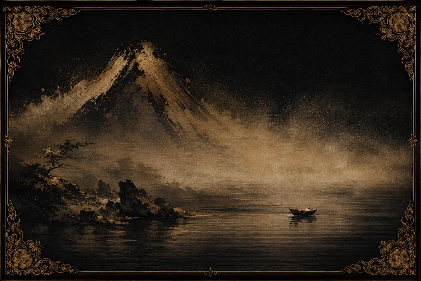 A mountain implied by a few wet strokes — rocks, a tiny boat, empty mist; the koan's answer in ink.