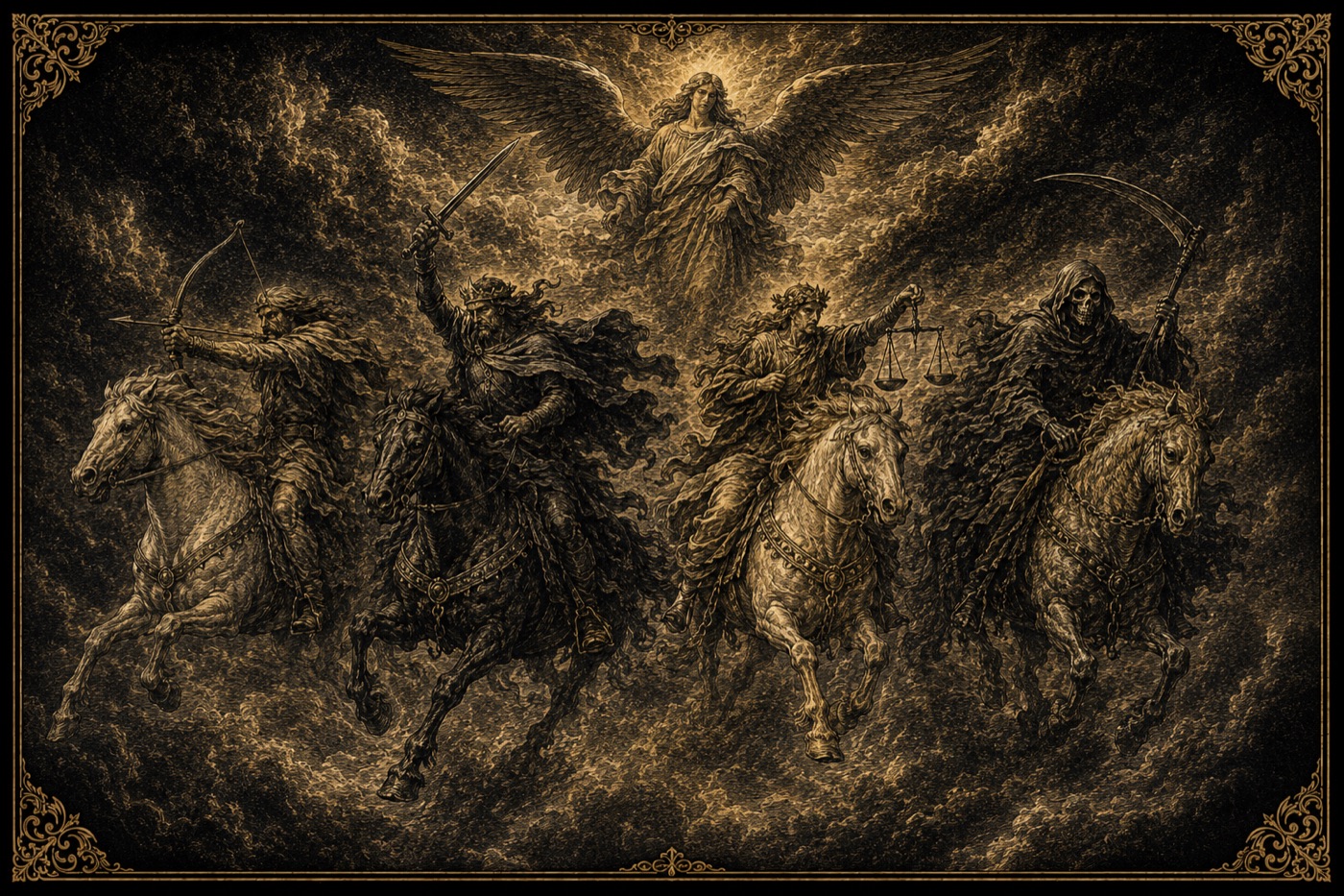 The Four Horsemen charging across a storm-hatched sky — bow, sword, scales, and Death; an angel above.