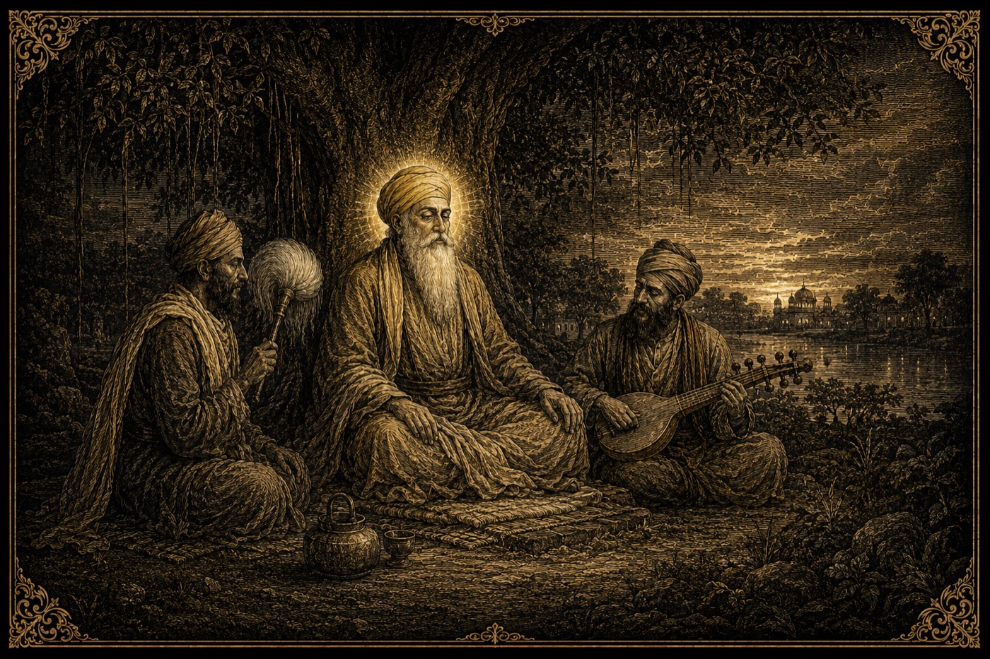Guru Nanak haloed beneath a tree; Bhai Bala with the fly-whisk, Mardana with the rabab.
