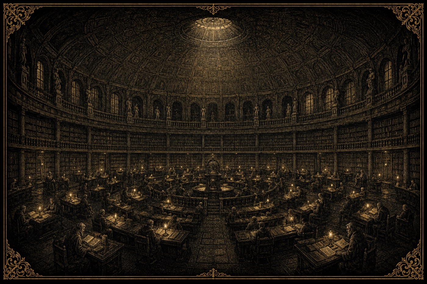 The great domed Reading Room — galleries of books, desks radiating from the centre, readers bent over pages.