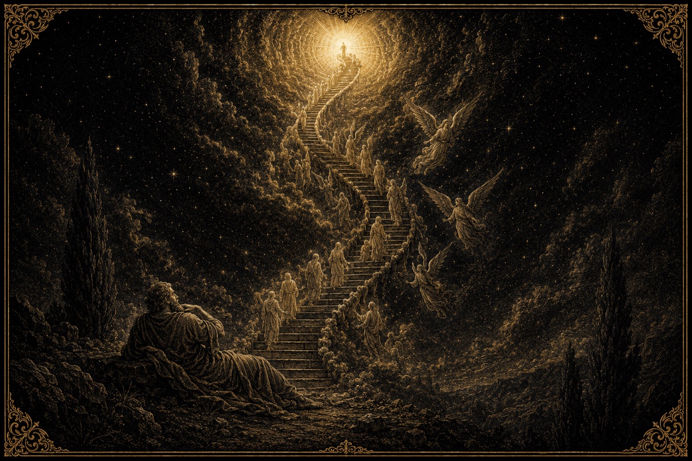 Jacob's Ladder — a spiral stair through starry night to a radiant sun; souls ascending and descending.